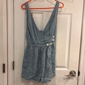 Urban Outfitters Denim Romper V Neck Button Accent‎